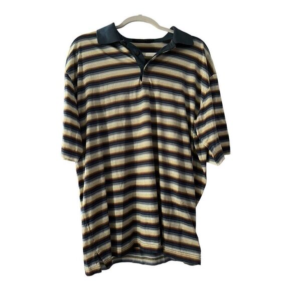Men’s Bugatchi Blue & Brown Striped Spring Casual Polo Shirt preppy Size Large - Picture 1 of 5